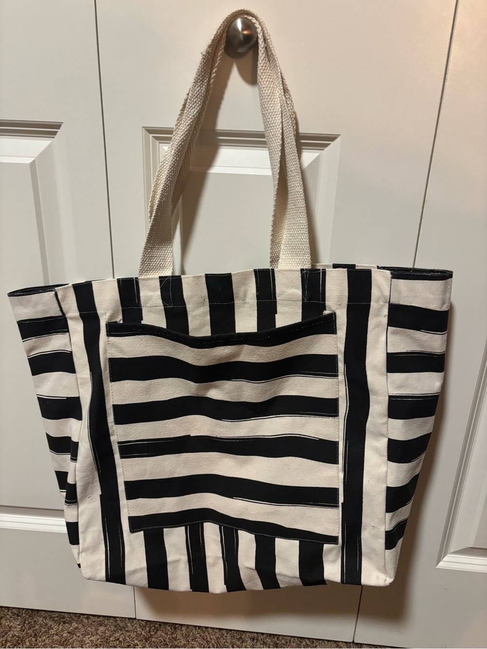 Canvas Striped Tote Bag in Black and Cream